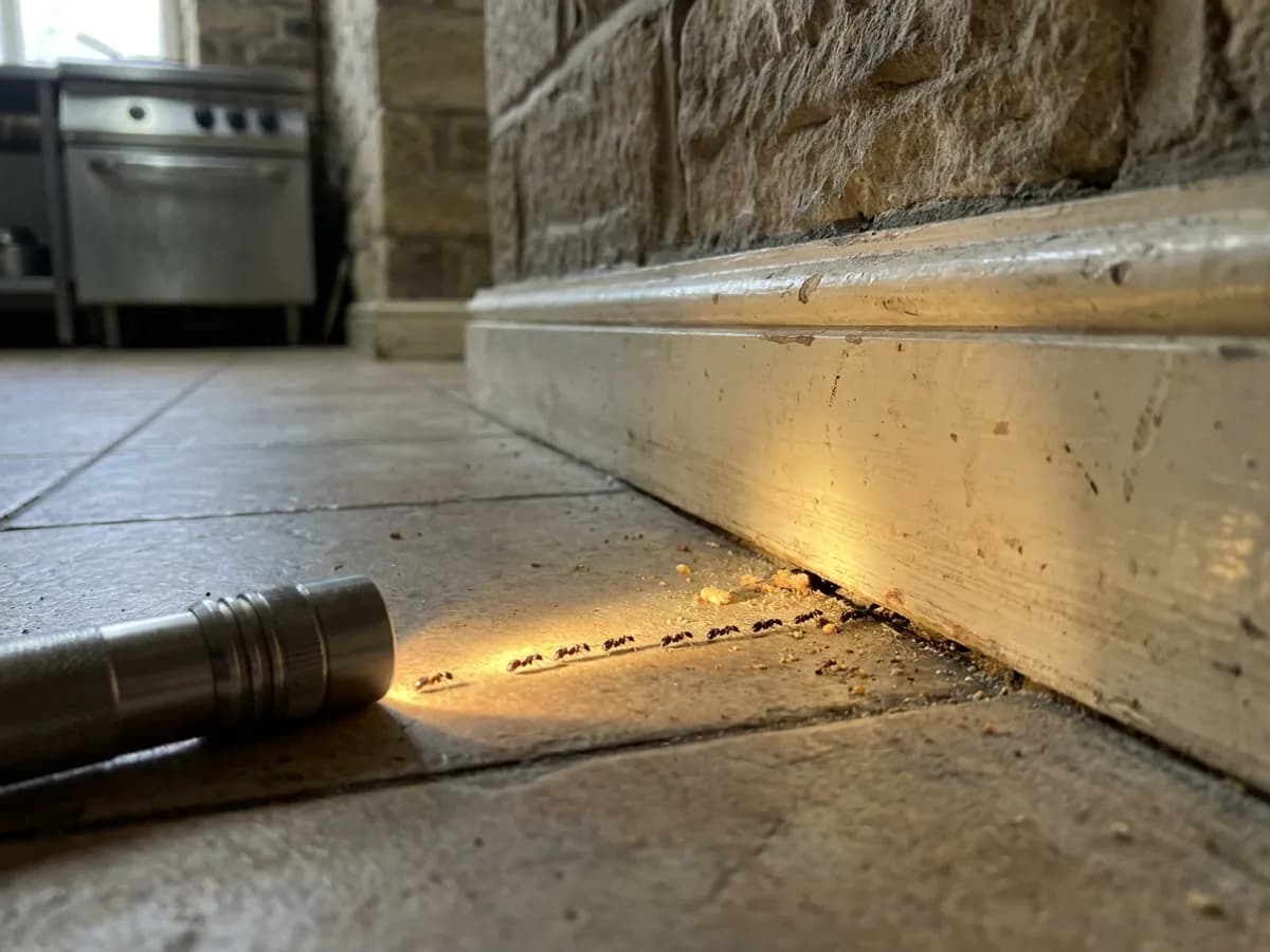 Ant access point checked around a kitchen edge during ant control in Halifax