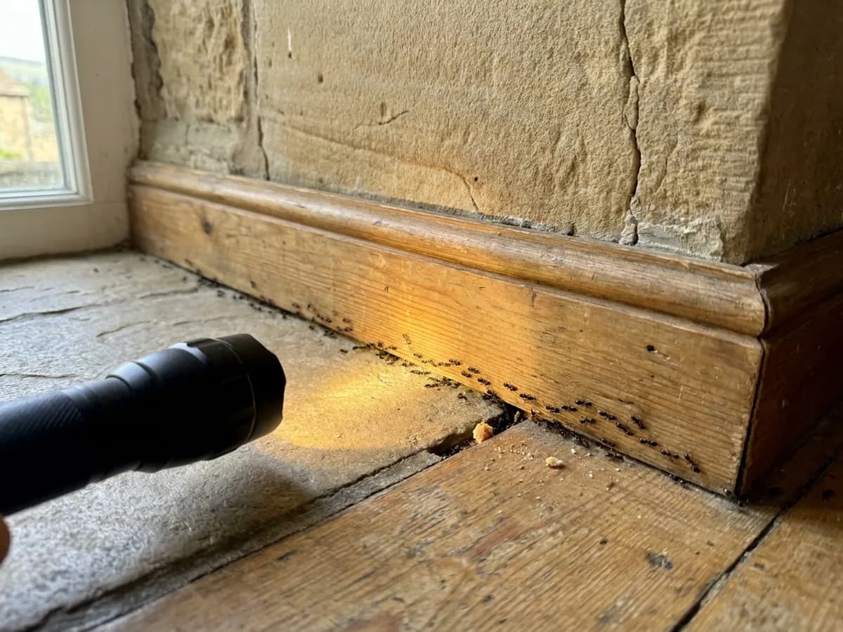 Ant access point checked around a kitchen edge during ant control in Ilkley