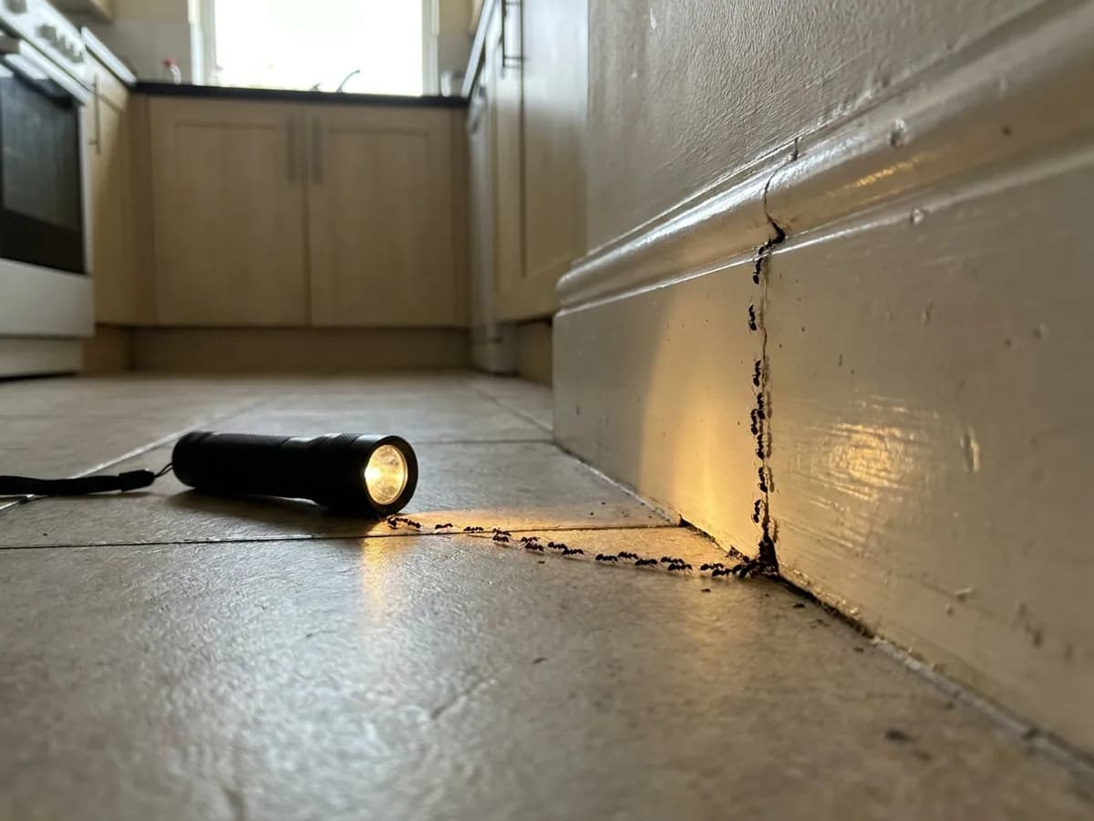 Ant access point checked around a kitchen edge during ant control in Leeds