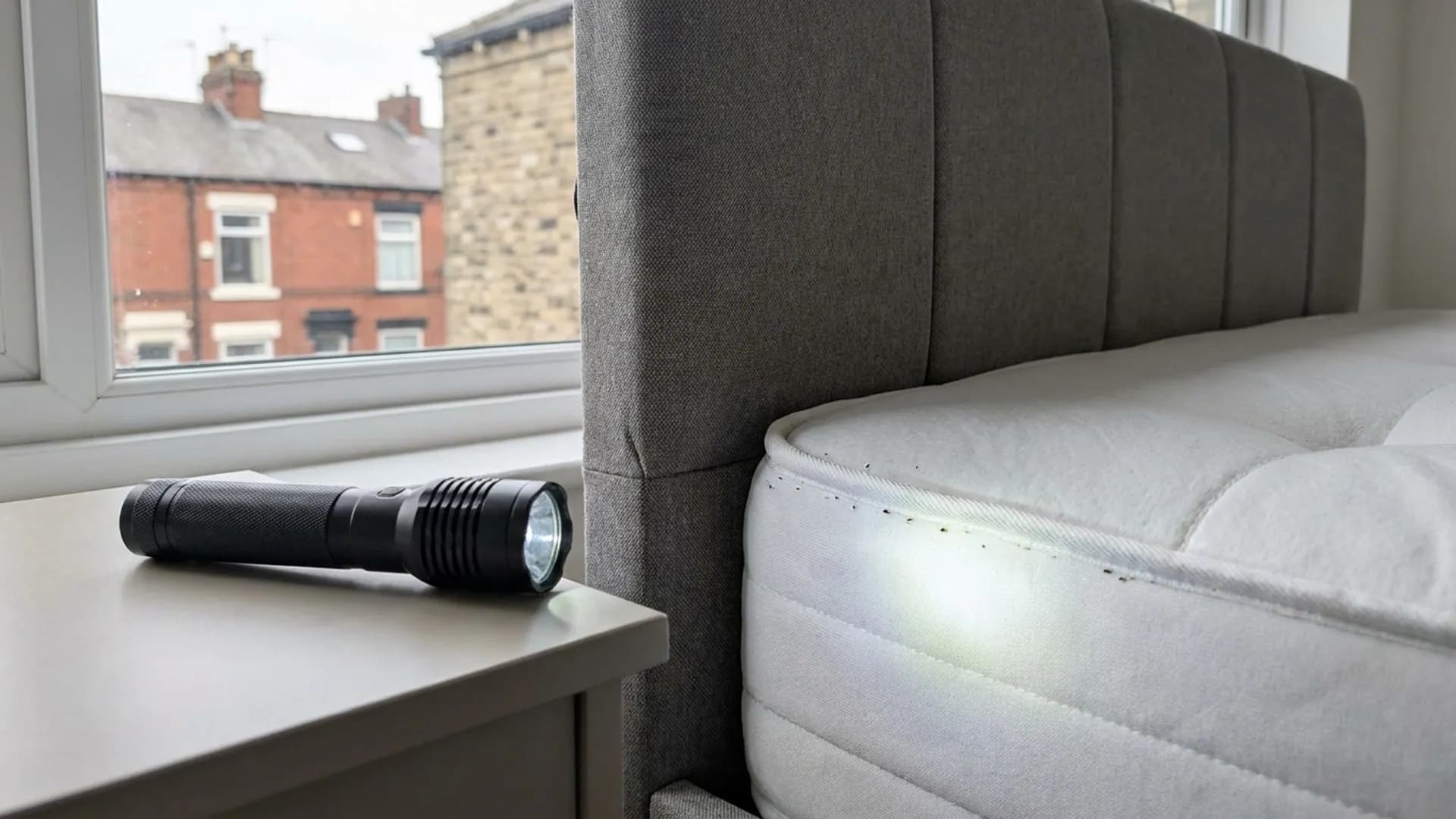 Bed bug control inspection setup in a Leeds bedroom