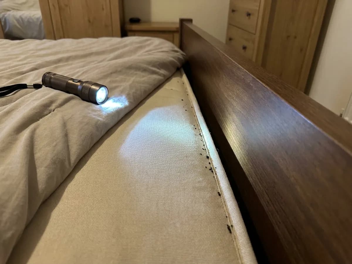 Mattress seam evidence checked during bed bug control in Leeds