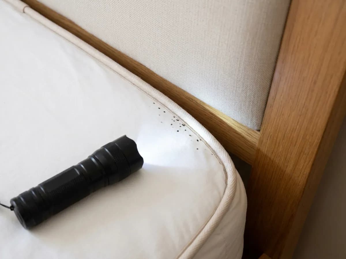 Mattress seam evidence checked during bed bug control in Otley