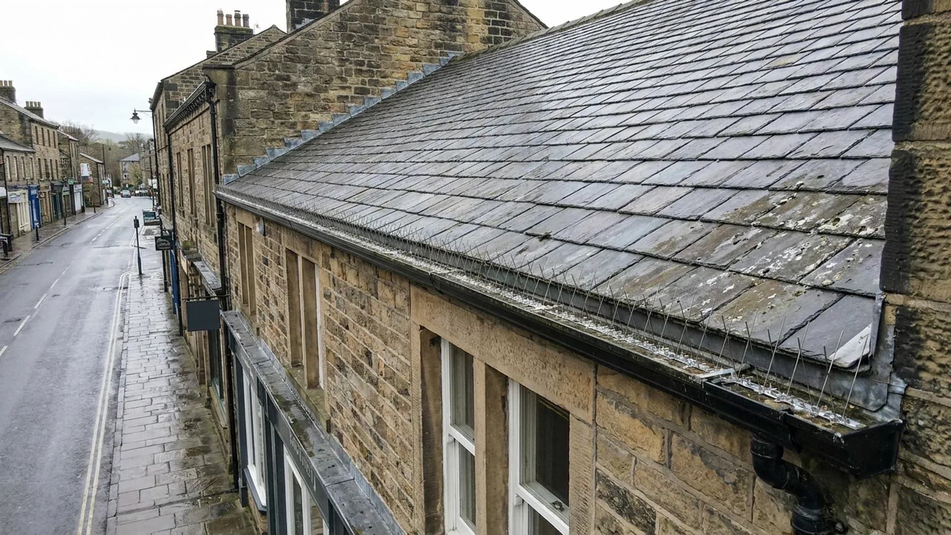 Bird proofing spikes and fouling marks on a Ilkley roofline