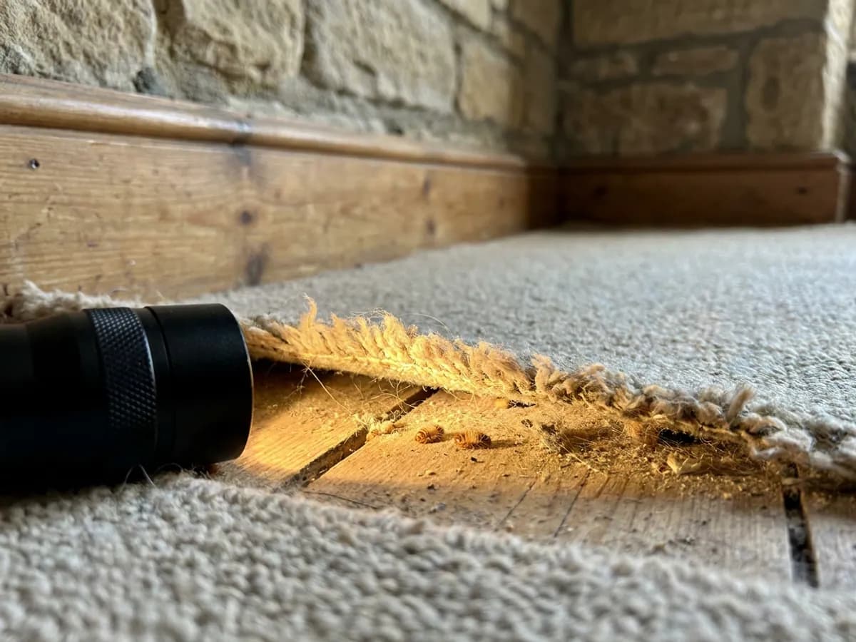 Carpet beetle larvae evidence checked around textile edges in Ilkley