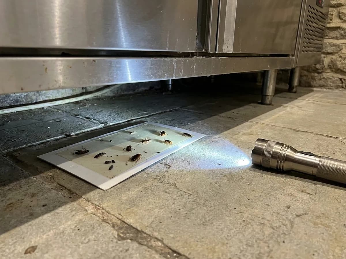 Cockroach monitoring trap checked under kitchen equipment in Ilkley