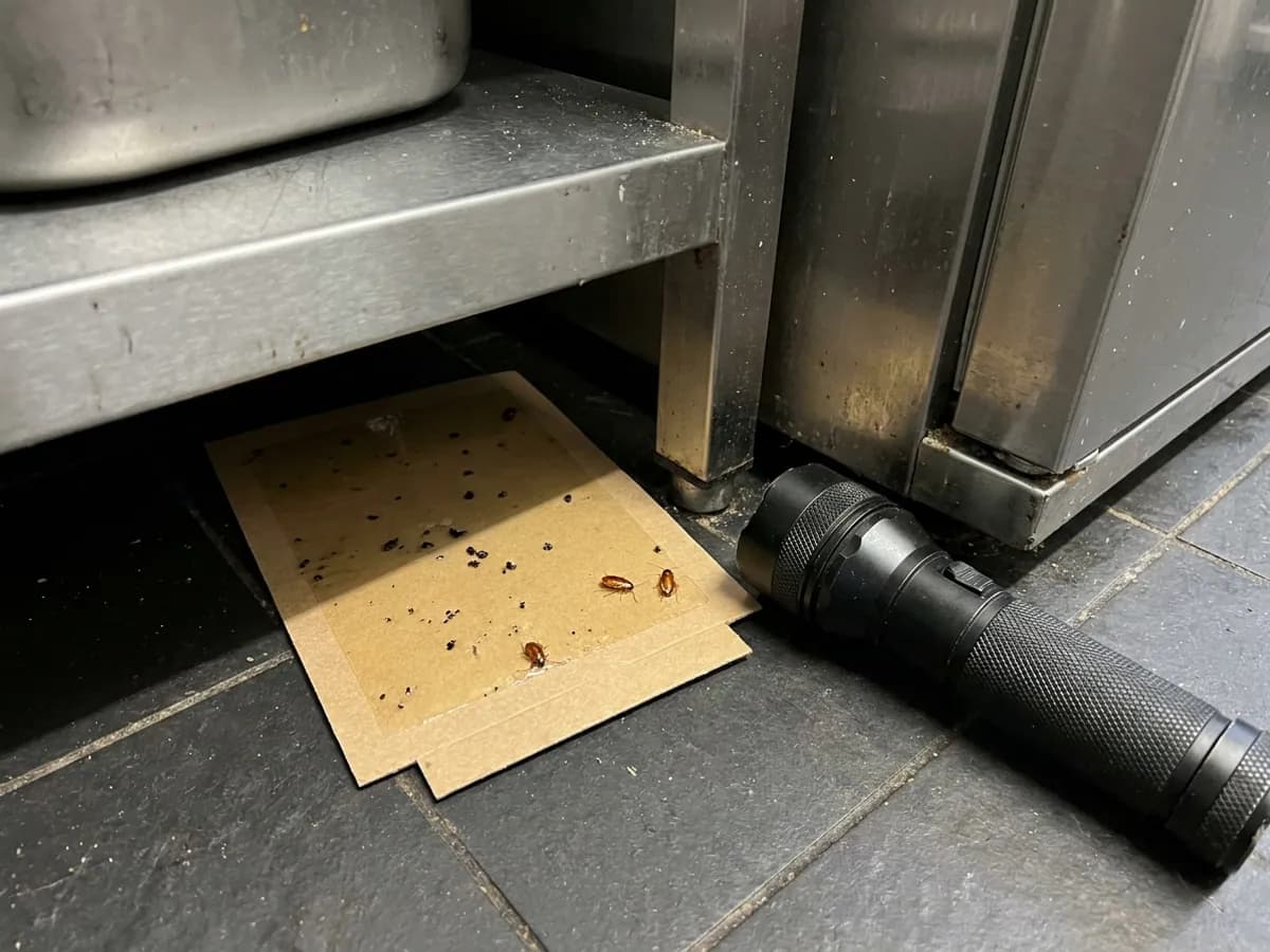 Cockroach monitoring trap checked under kitchen equipment in Otley