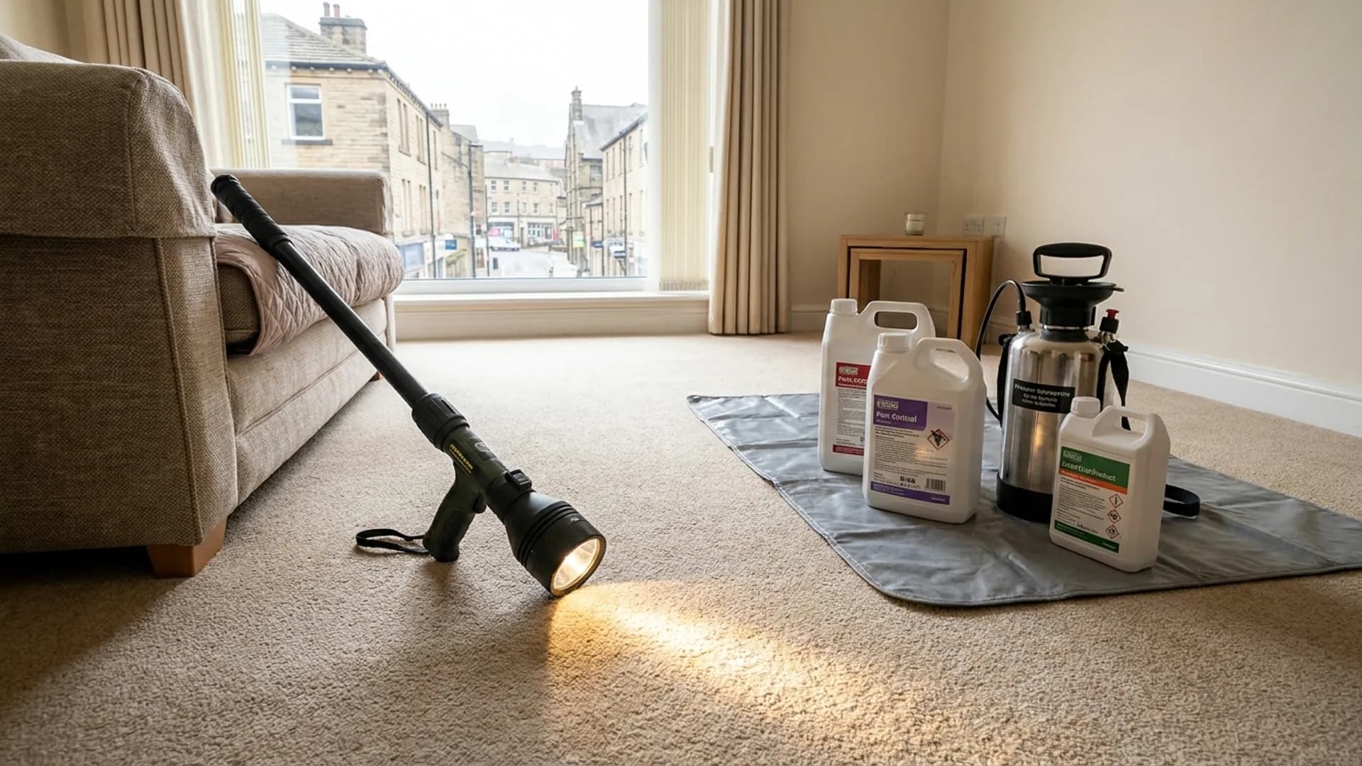 Flea control inspection around carpet edges in a Halifax home