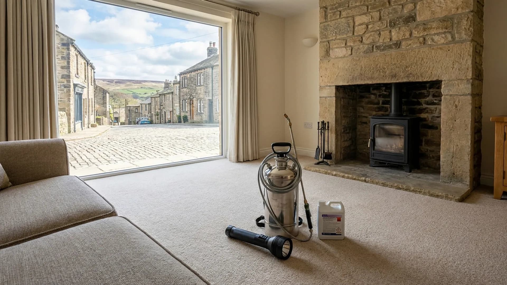 Flea control inspection around carpet edges in a Ilkley home
