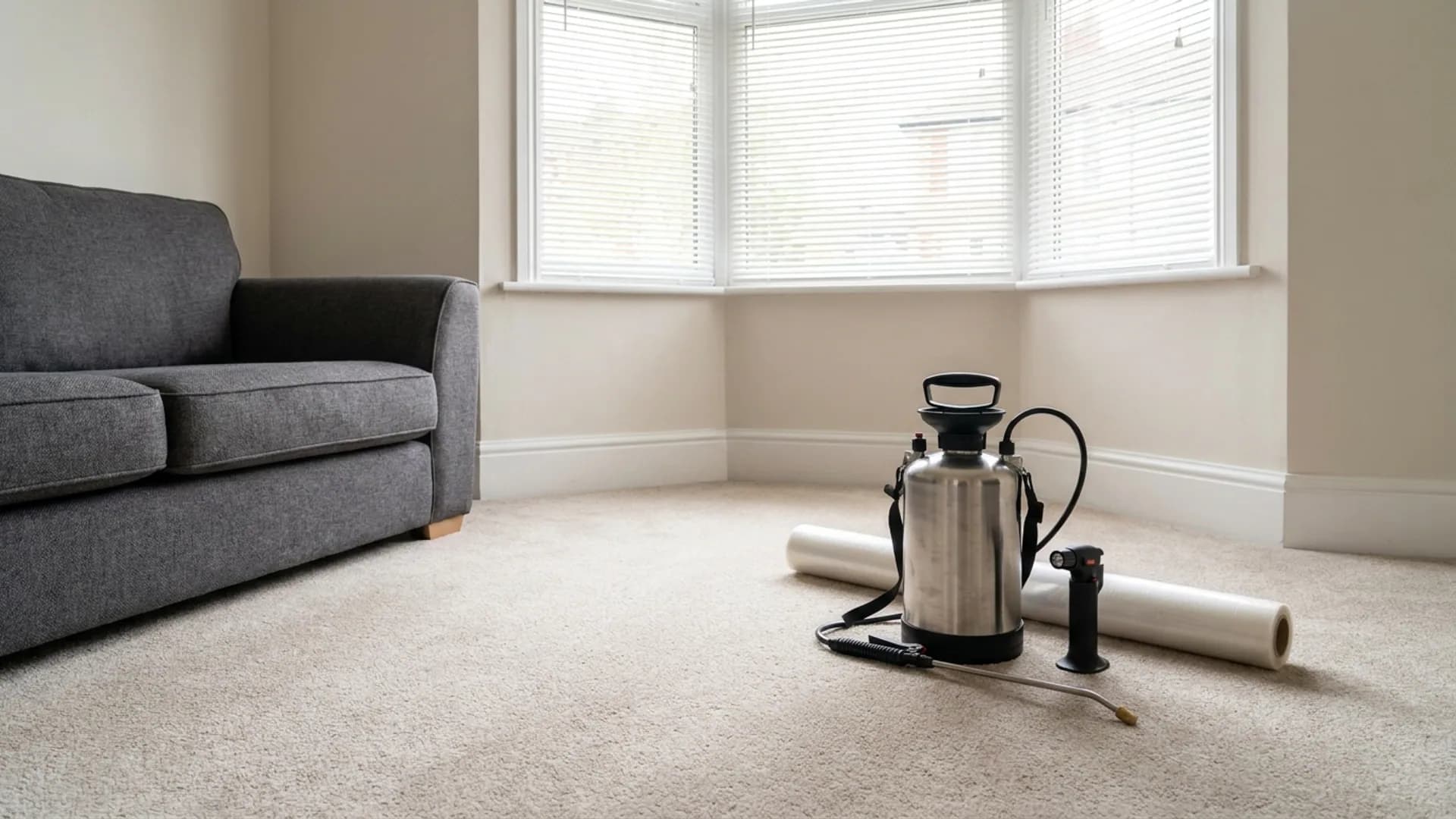 Flea control inspection around carpet edges in a Leeds home
