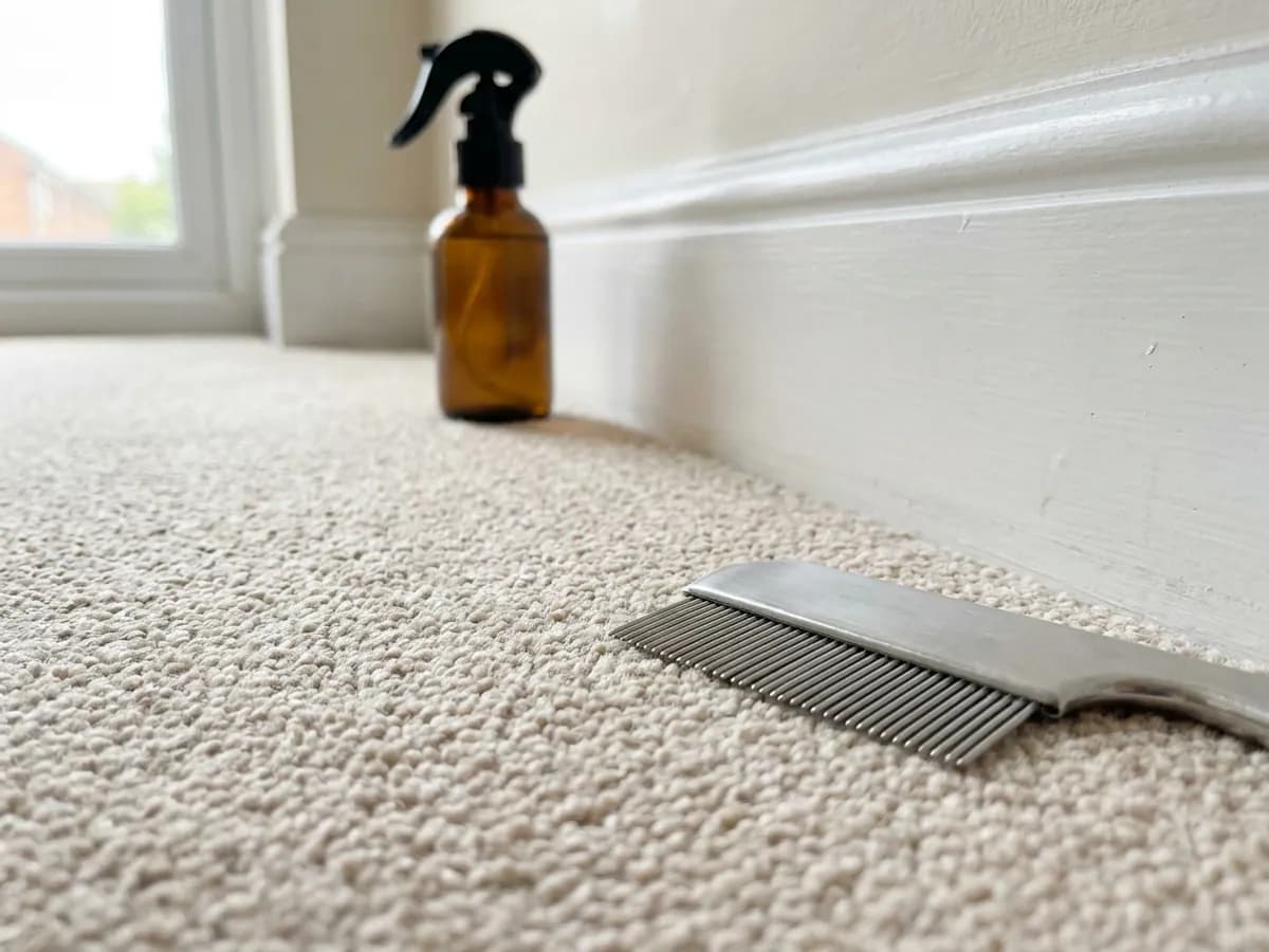 Carpet edge checked for flea activity during treatment planning in Leeds