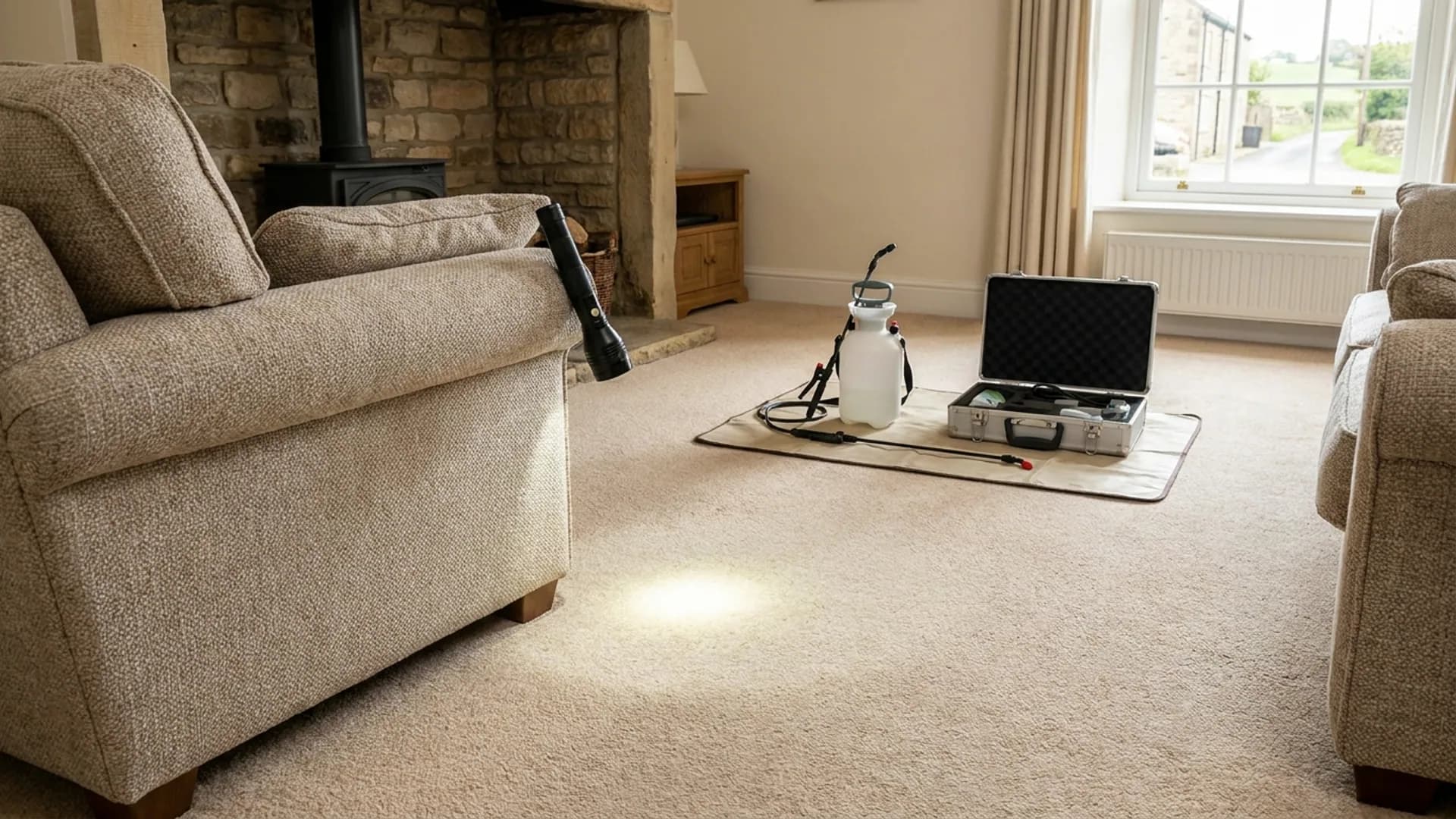 Flea control inspection around carpet edges in a Otley home