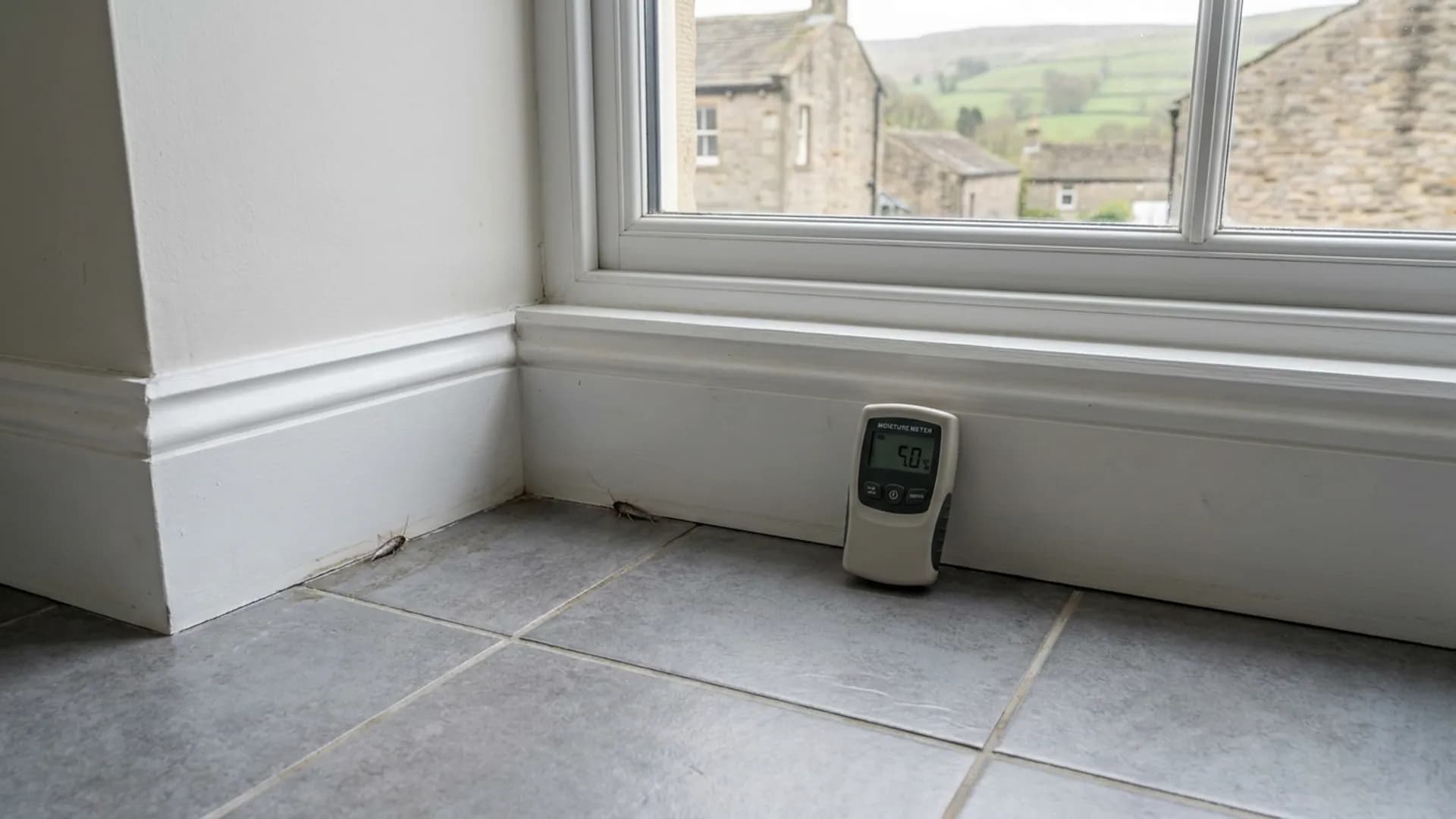 Silverfish control inspection around a damp room edge in Otley