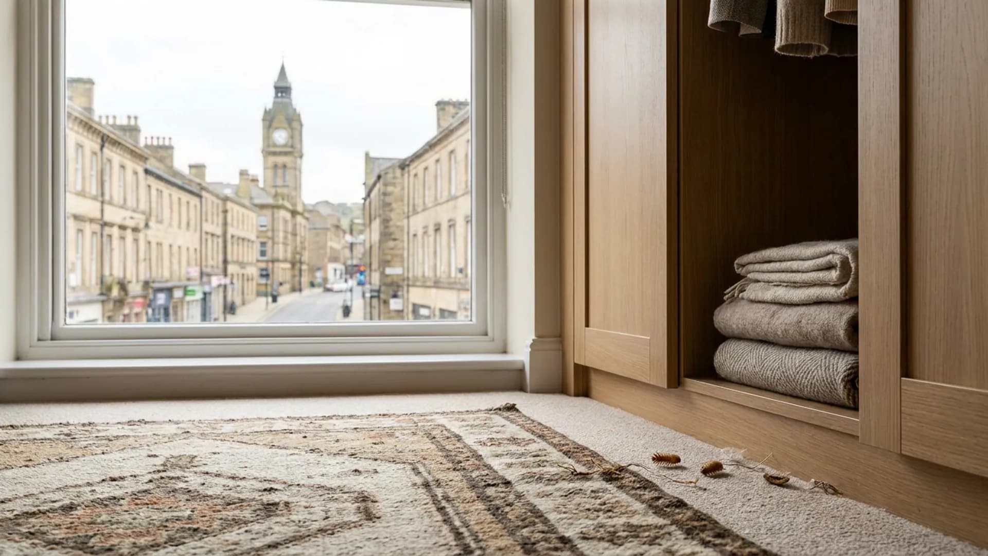 Carpet beetle fabric damage inspected in a Halifax property