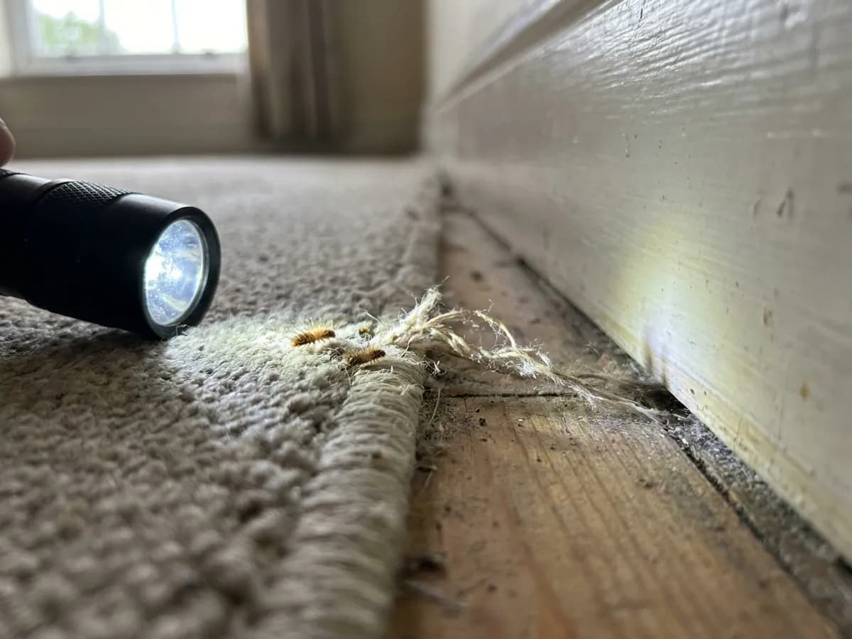 Carpet beetle larvae evidence checked around textile edges in Otley