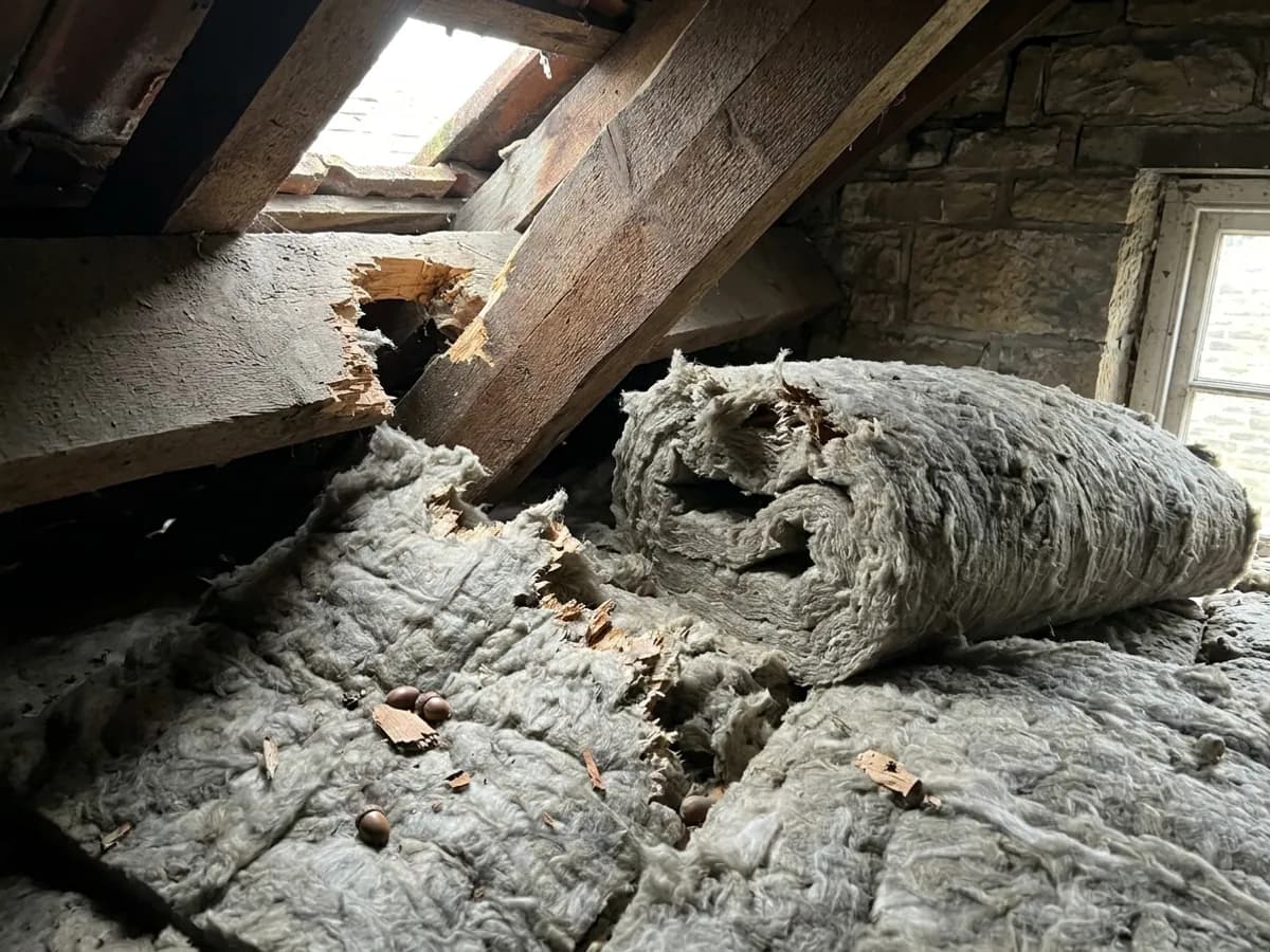 Loft insulation and roofline evidence inspected during squirrel removal in Halifax